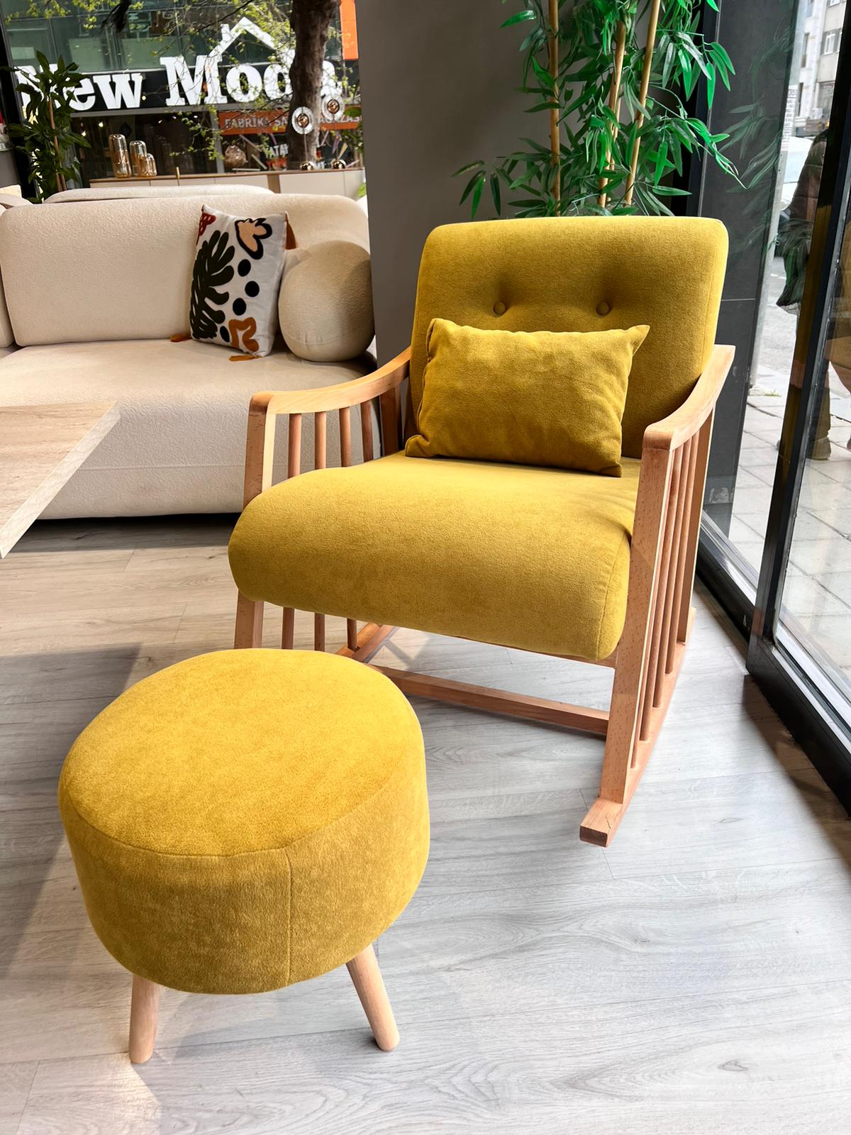 Bukle Teddy Sallanan Ahşap Berjer Koltuk - Puf ve Minder Hediyeli