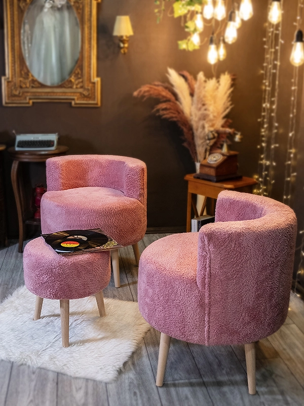 Çay Seti 2'li Koltuk ve Puf Takımı Teddy - Pembe