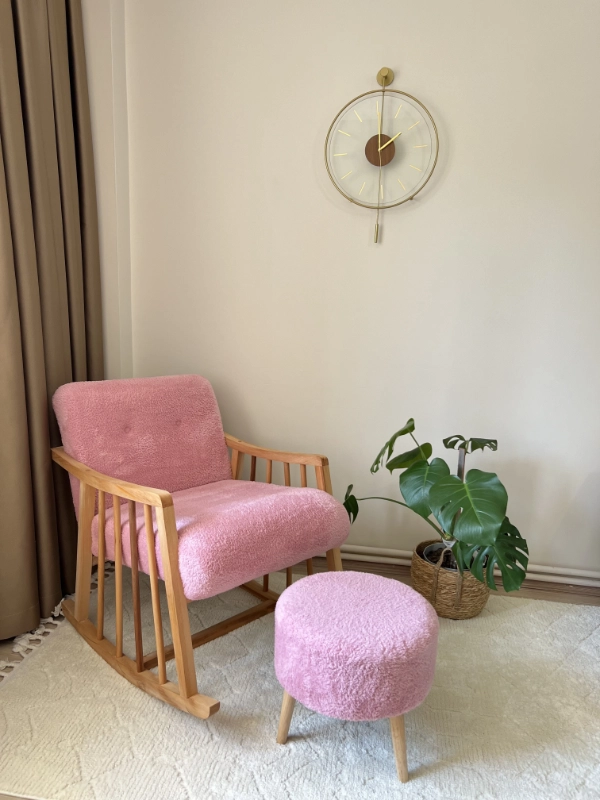 Bukle Teddy Sallanan Ahşap Berjer Koltuk - Puf ve Minder Hediyeli Teddy - Pembe