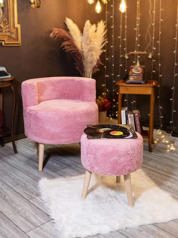 Çay Seti Tekli Koltuk ve Puf Takımı Teddy - Pembe